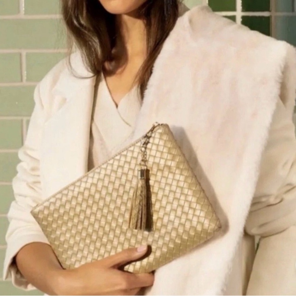 NEW Virginia Wolf NYC Mimi Woven Clutch Bag Gold Metallic Pouch Tassel Vegan NWT